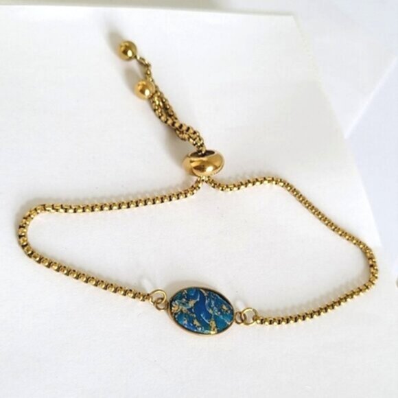 Handcrafted Boho Gold Blue Agate Gemstone Oval Dainty Adjustable Bracelet - Picture 1 of 8